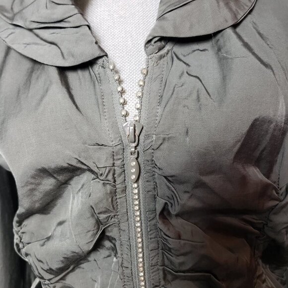 Ethyl Olive Green Ruched Jacket with crystal rhinestone zipper NWT size Large - Picture 2 of 14